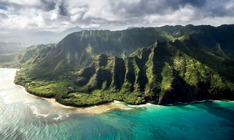 Ariel photograph of Kauai coastline and landscape